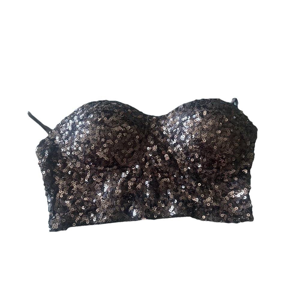 WET SEAL Tube Crop Top Bra Bustier Black Sequin Club Dance Women's Medium‎